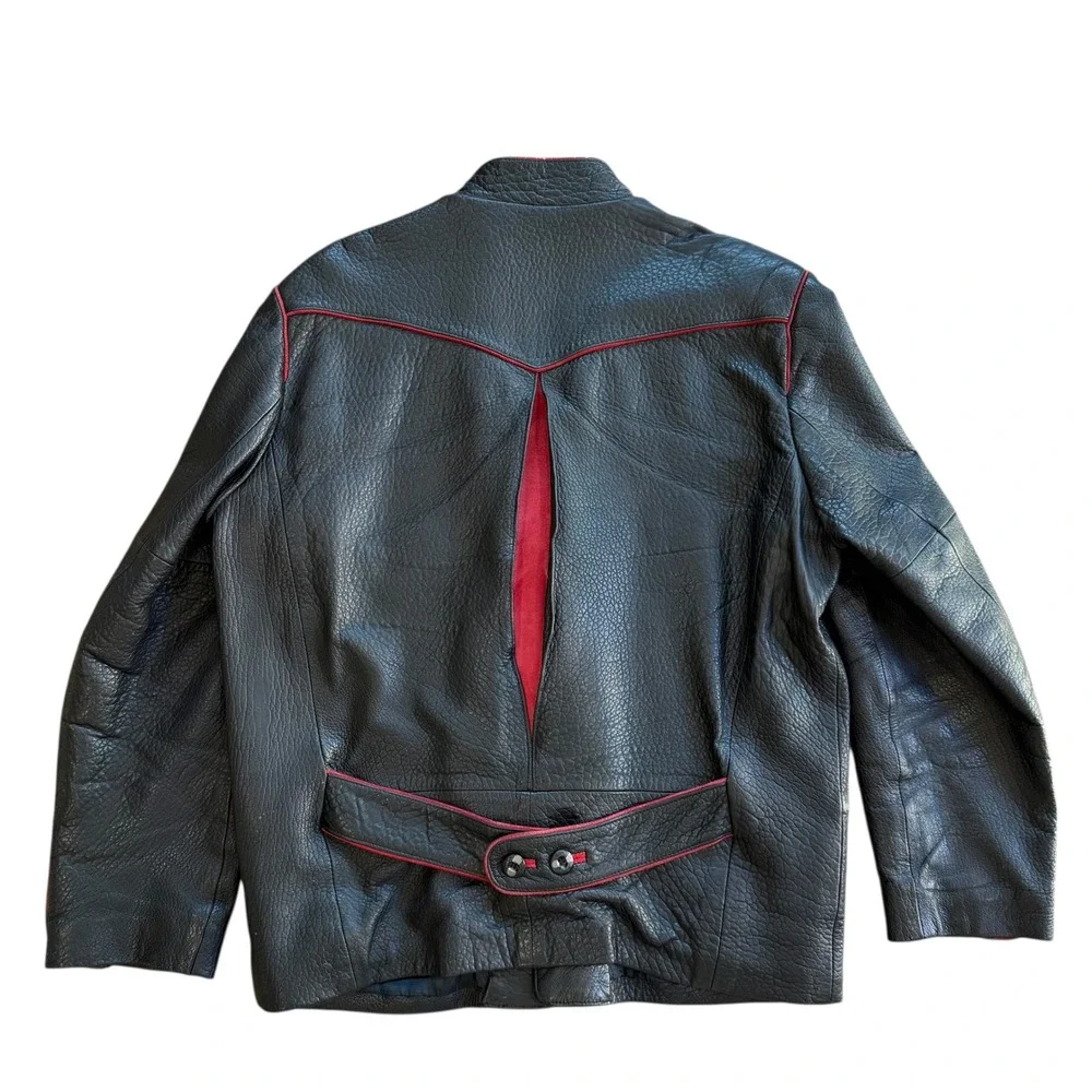 Vintage Mens Black Leather Blazer Jacket Red Trim Western Style‎ Size 50
